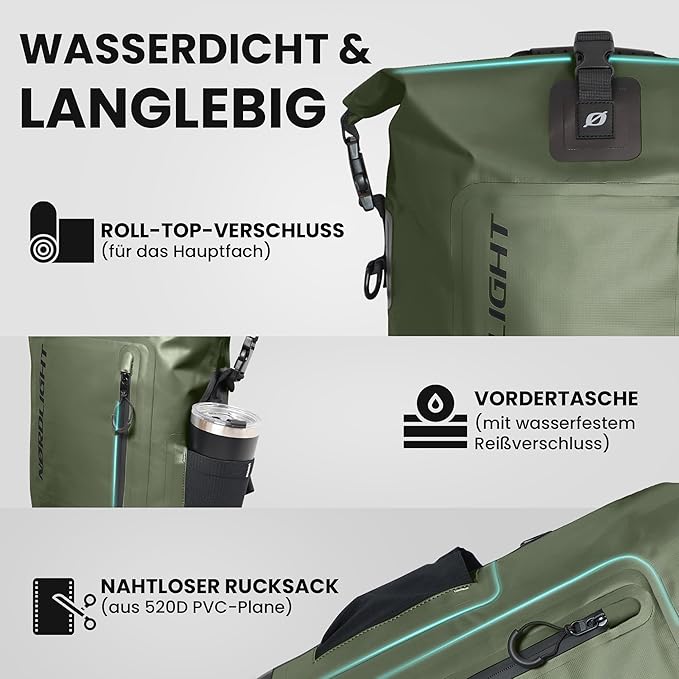 Nordlight Wasserdichter Rucksack Dry Bag 25l - Roll Top Rucksack Kurierrucksack olive