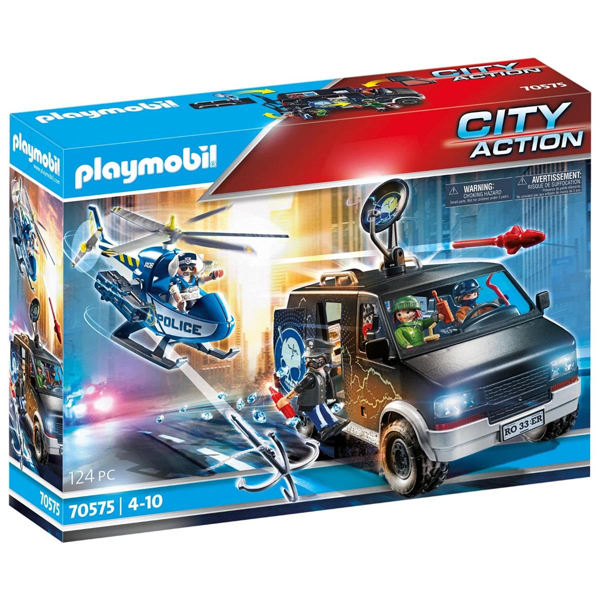 PLAYMOBIL 70575 City Action Die Fluchtwagen-Verfolgungsjagd des Polizeihubschraubers, lustiges kreatives Rollenspiel, Spielset, geeignet für Kinder ab 4 Jahren