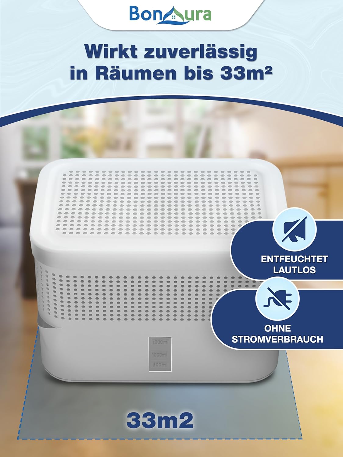 BonAura Luftentfeuchter ohne Strom - Raumentfeuchter für Keller, Bad uvm. - 980g Luftenfeuchter Nachfüllpack inklusive - Entfeuchter und Luftentfeuchter Granulat im Set - Schutz vor Schimmel
