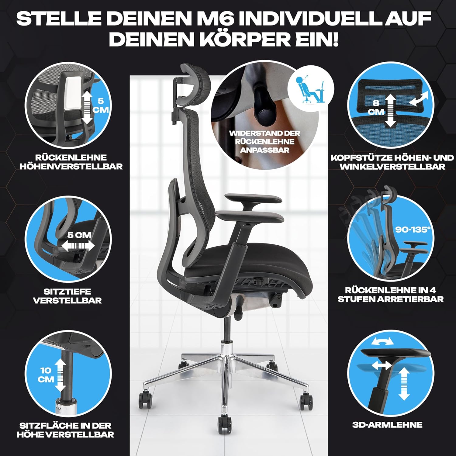 VALKENSTOL M6 Ergonomischer Bürostuhl 150 kg Schreibtischstuhl schwarz