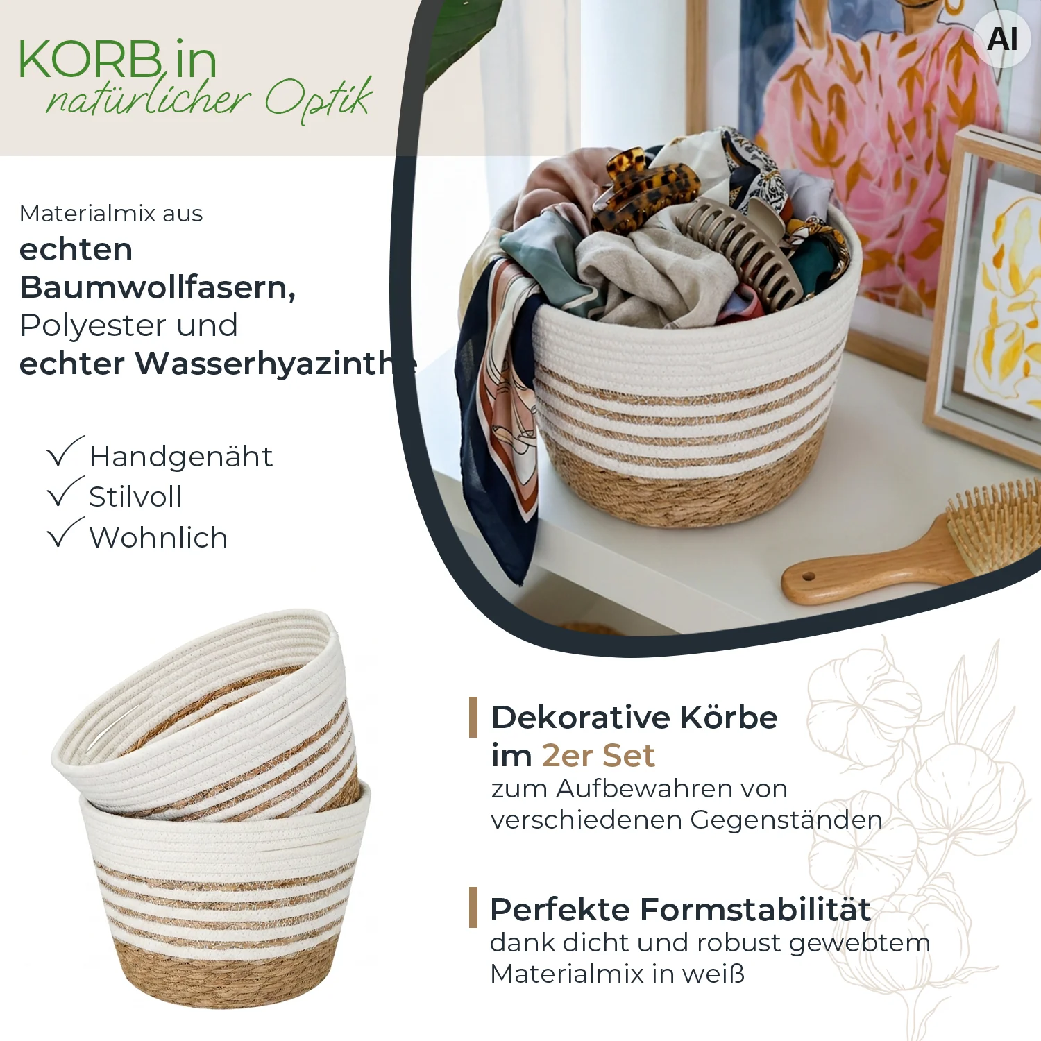 Dekokörbe, 2er-Set, Weiß und Naturbraun, Gestreift, Baumwollfaser und Wasserhyazinthe