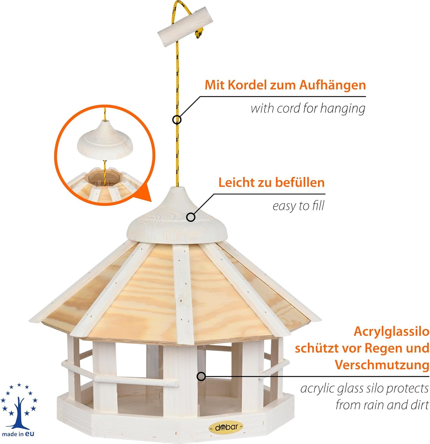 dobar Vogelhaus Schneeflocke 8-Eck hängend mit Futtersilo - Vogelfutterhaus aus Holz  Weiß