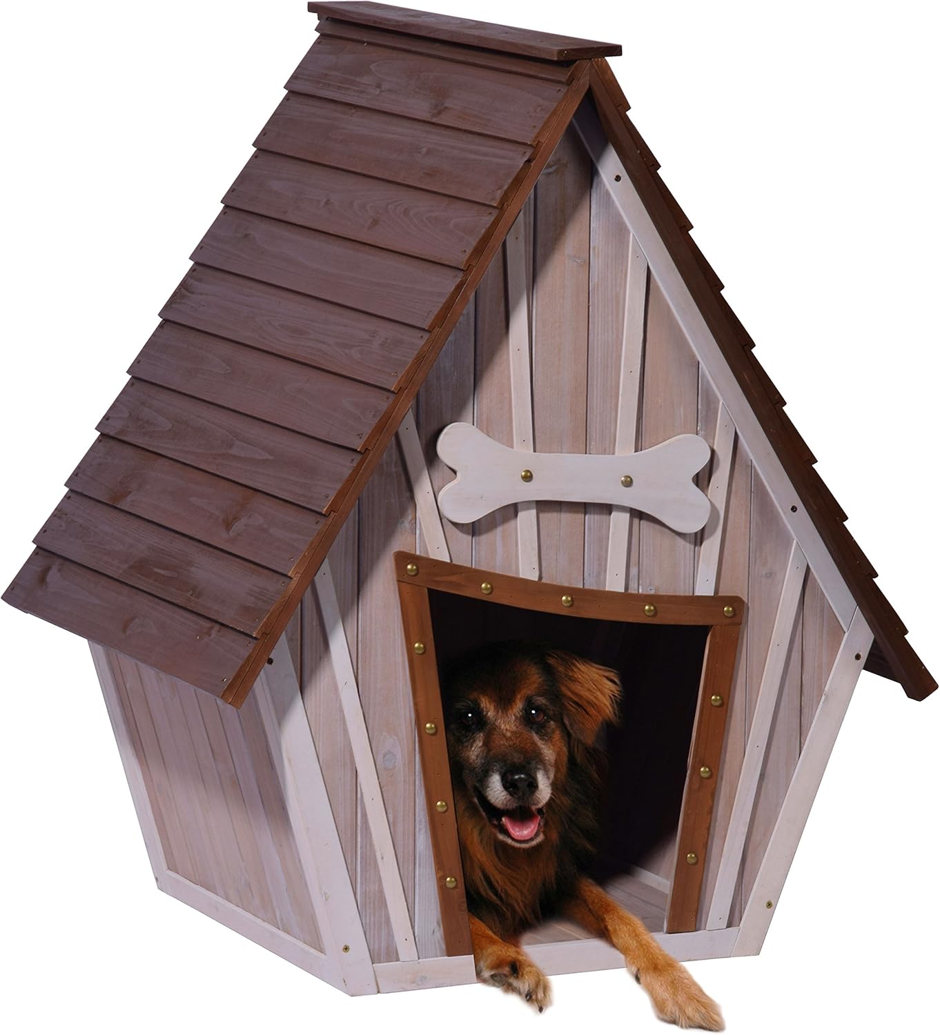 dobar Hundehütte "Hubi" - Outdoor Hundehaus Massivholz - Hundekäfig Spitzdach - Holzhütte für mittelgroße Hunde - Haustierhütte mit abnehmbarem Boden - 90 x 77 x 109 cm - Braun/Grau