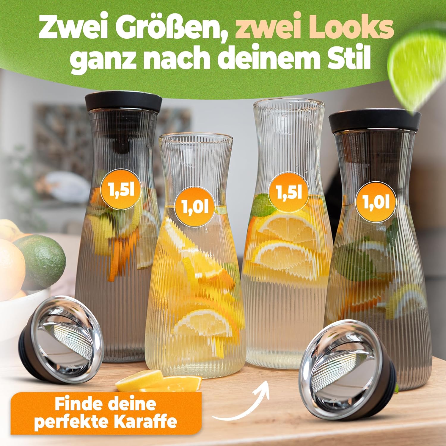 CLIDOR Wasserkaraffe mit Deckel 1,5 L Klarglas