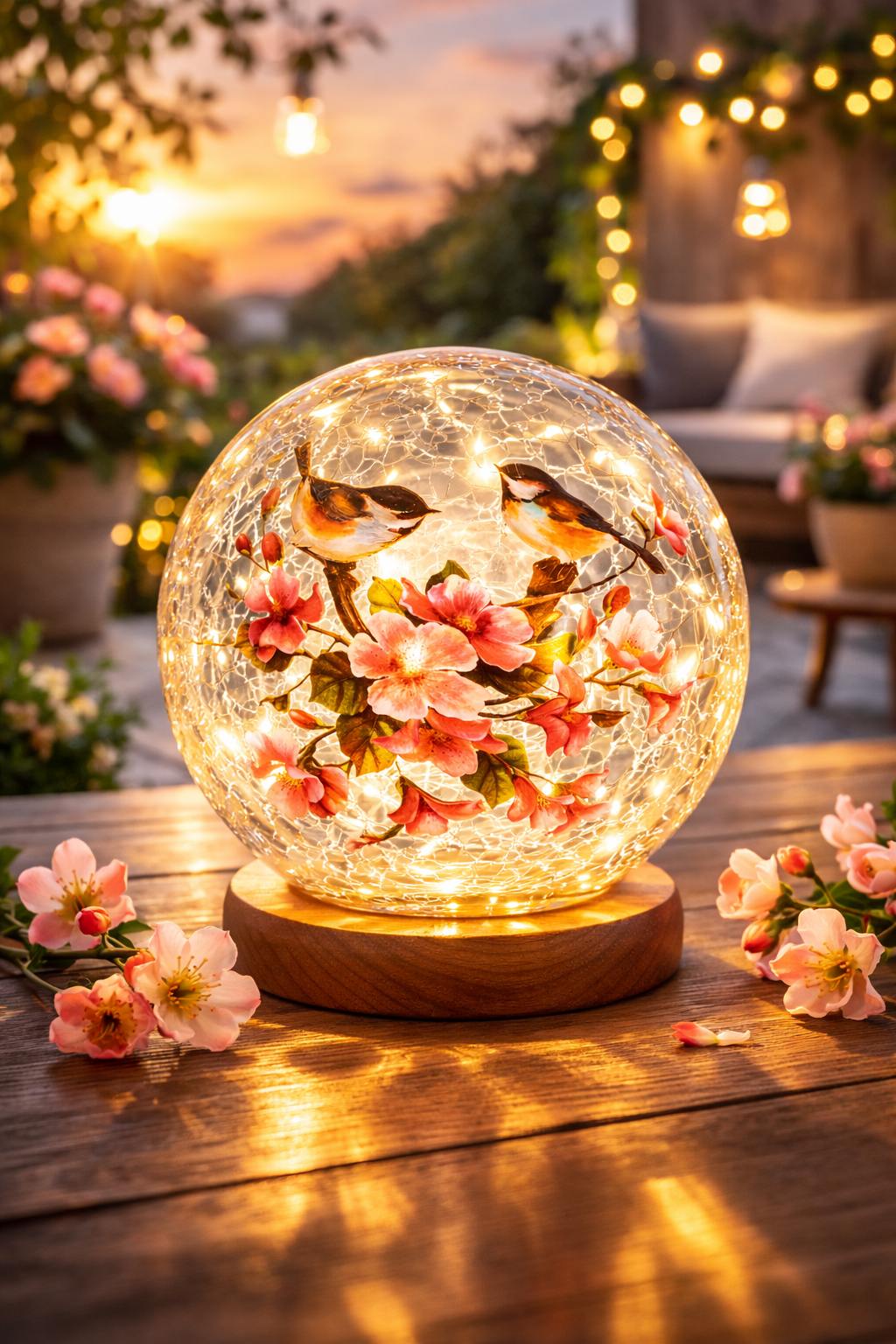 Glaskugel mit Beleuchtung Vögel, 10 LEDs