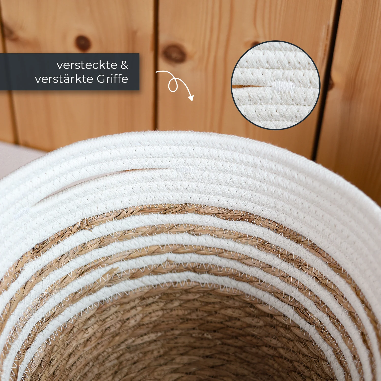 Aufbewahrungskorb, geflochten, Naturfaser, weiß-beige, verstärkte Griffe