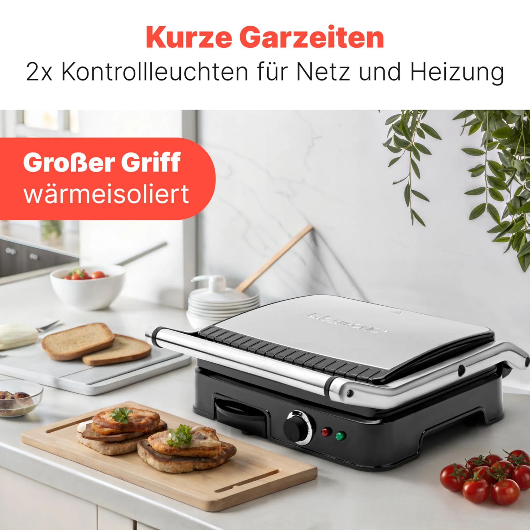 Clatronic Kontaktgrill beidseitiges fettfreies Grillen 2000W antihaftbeschichtete Grillplatten Kontaktgrill Toaster