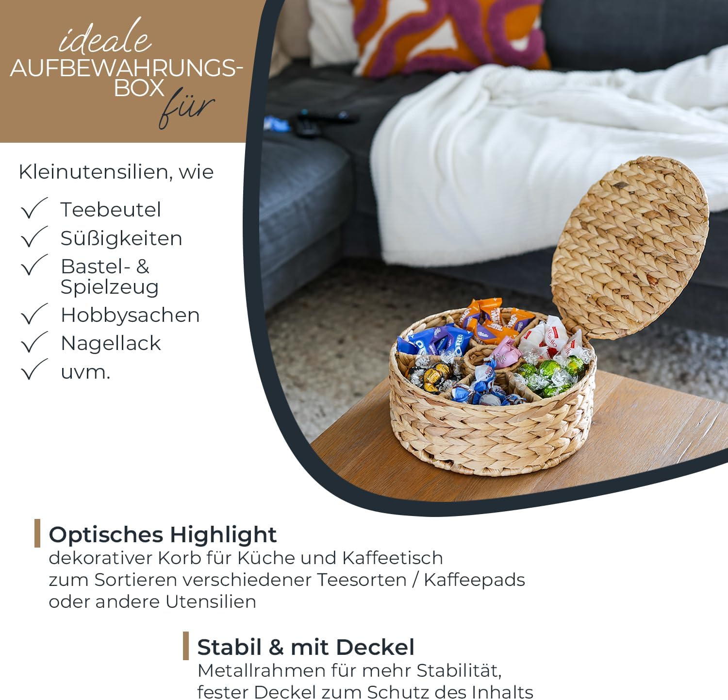 HMF Teebox für Teebeutel geflochten aus Wasserhyazinthe, Tee Aufbewahrungsbox mit 7 großen Fächern 27 x 27 x 11 cm
