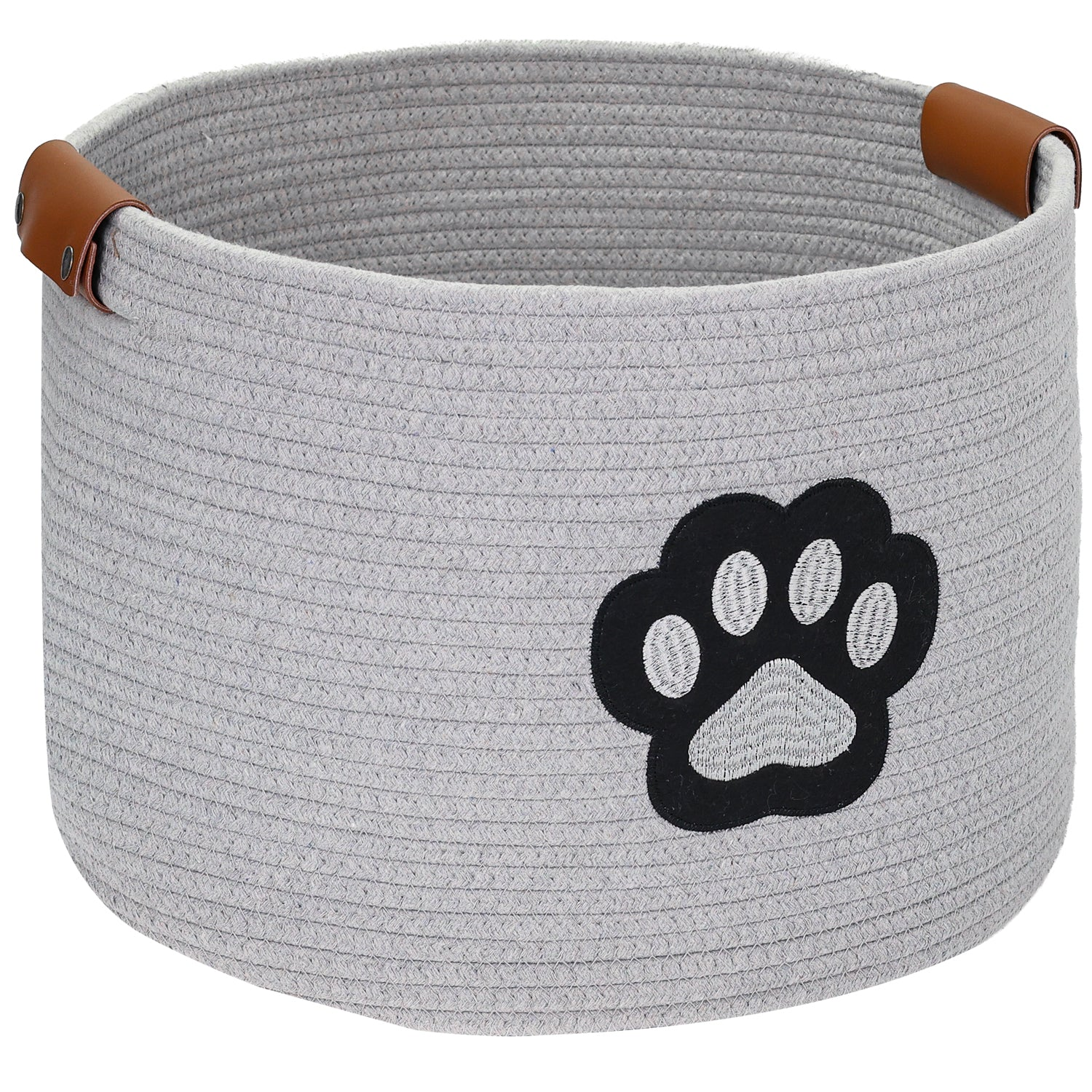 HMF Aufbewahrungskorb für Hundezubehör runder Korb aus Baumwolle mit Kunstledergriffen Hundepfoten-Motiv 45 x 30 cm Grau