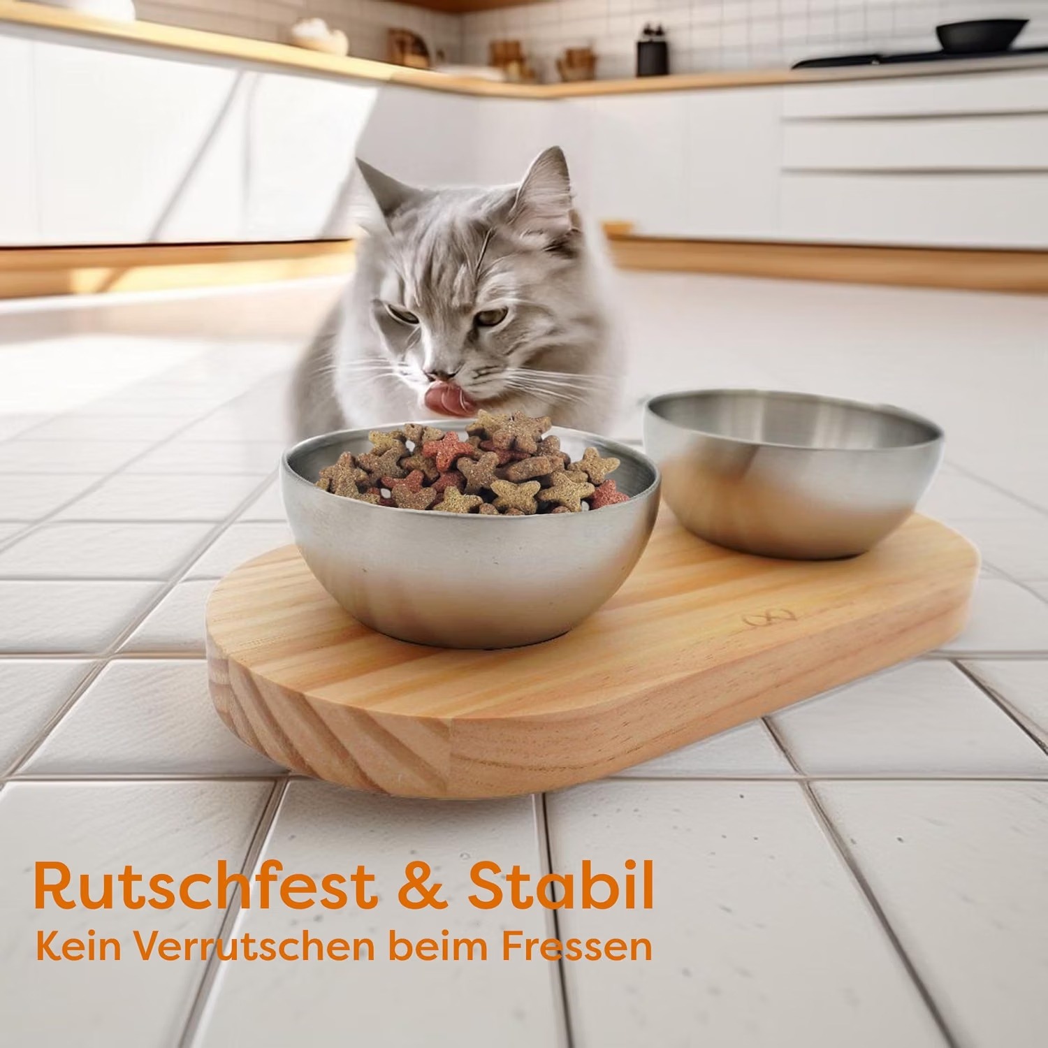 Katzen-Futterstation, Holzunterlage, Edelstahlnäpfe, Doppelfutternapf, Rutschfest