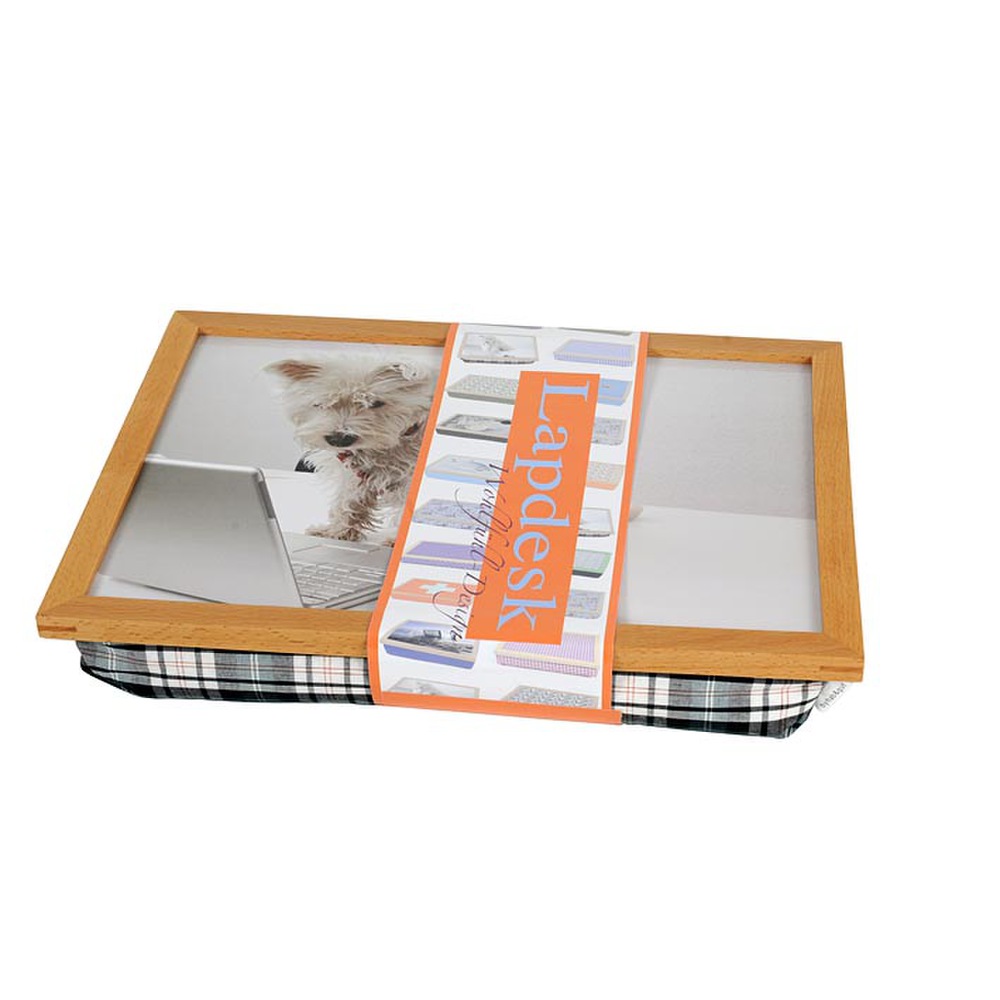 Tablettkissen mit Holzrahmen Hund vor Laptop