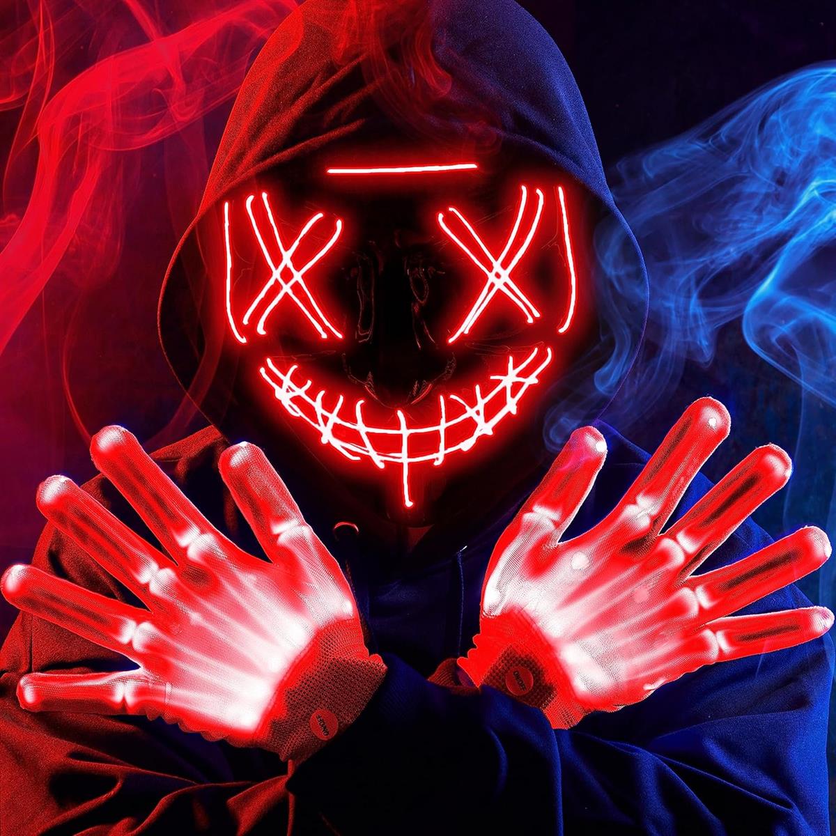 JOYIN Halloween-LED-Maske mit Handschuhen, 3 Modi, leuchtende Maske, Kostümzubehör (rot), gruselig, leuchtet im Dunkeln Masken für Cosplay Party Verkleidung Geschenke