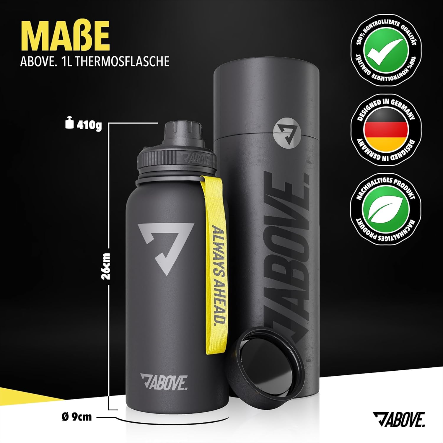 ABOVE Trinkflasche Edelstahl 950ml schwarz Thermosflasche Fitness Sport Outdoor