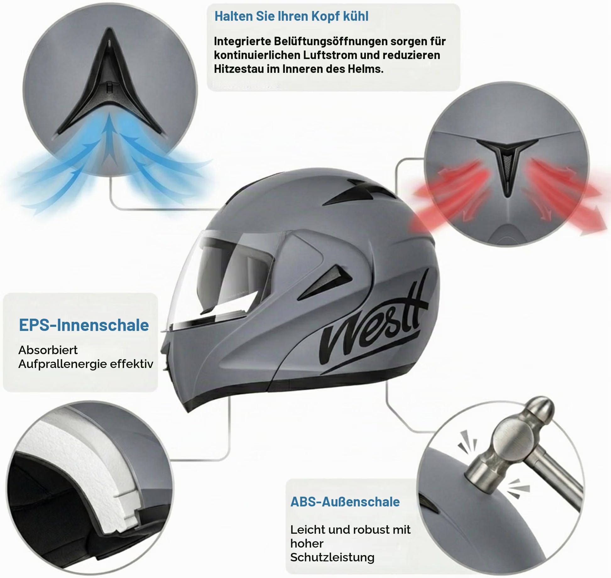 Motorradhelm, Integralhelm, EPS-Innenschale, ABS-Außenschale, Visier