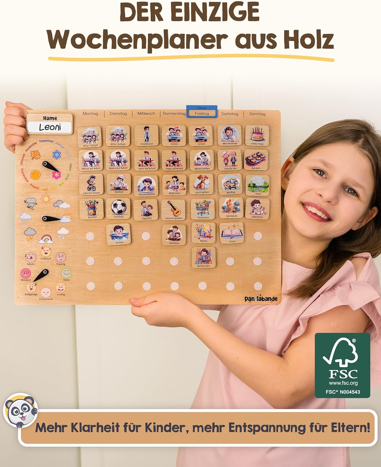 Holz-Planer, Wochenplan, Kinderplaner, Pädagogisches Spielzeug, FSC-Holz