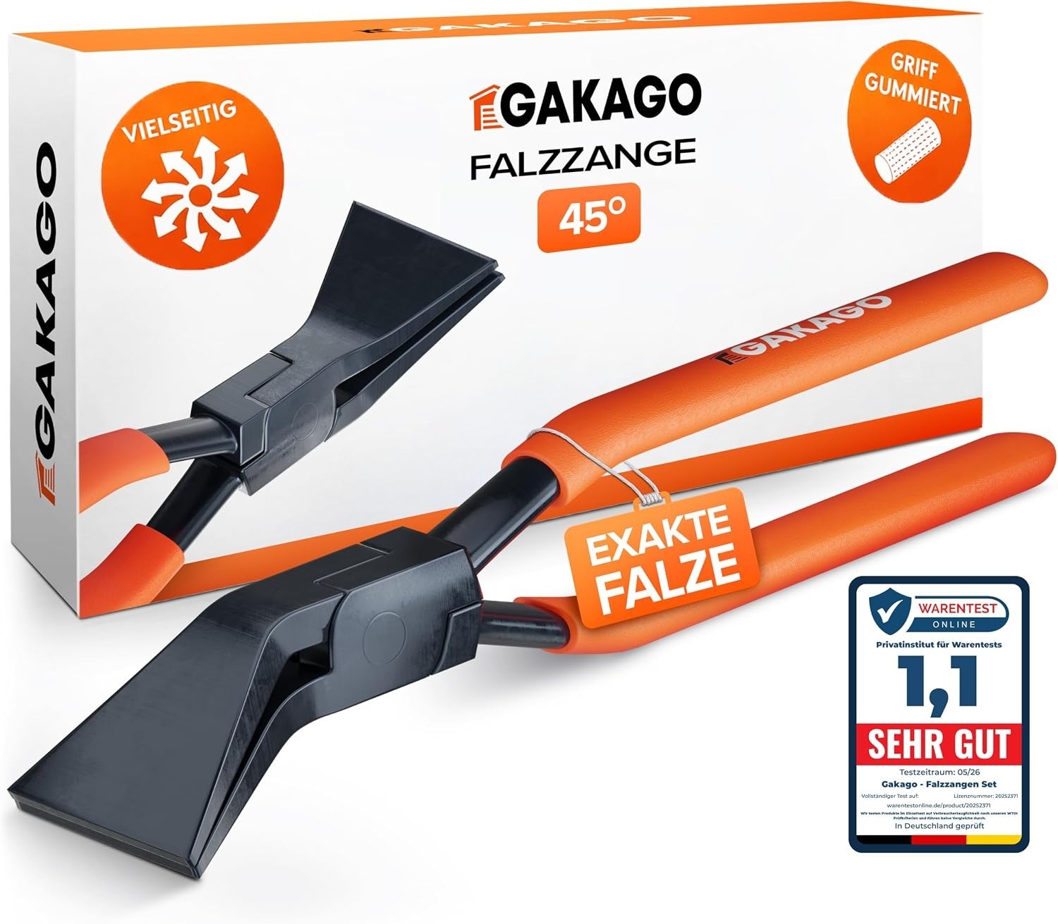 Falzzange, 45-Grad-Winkel, Gummierte Griffe, Schwarzer Metallkopf, Orange-schwarz