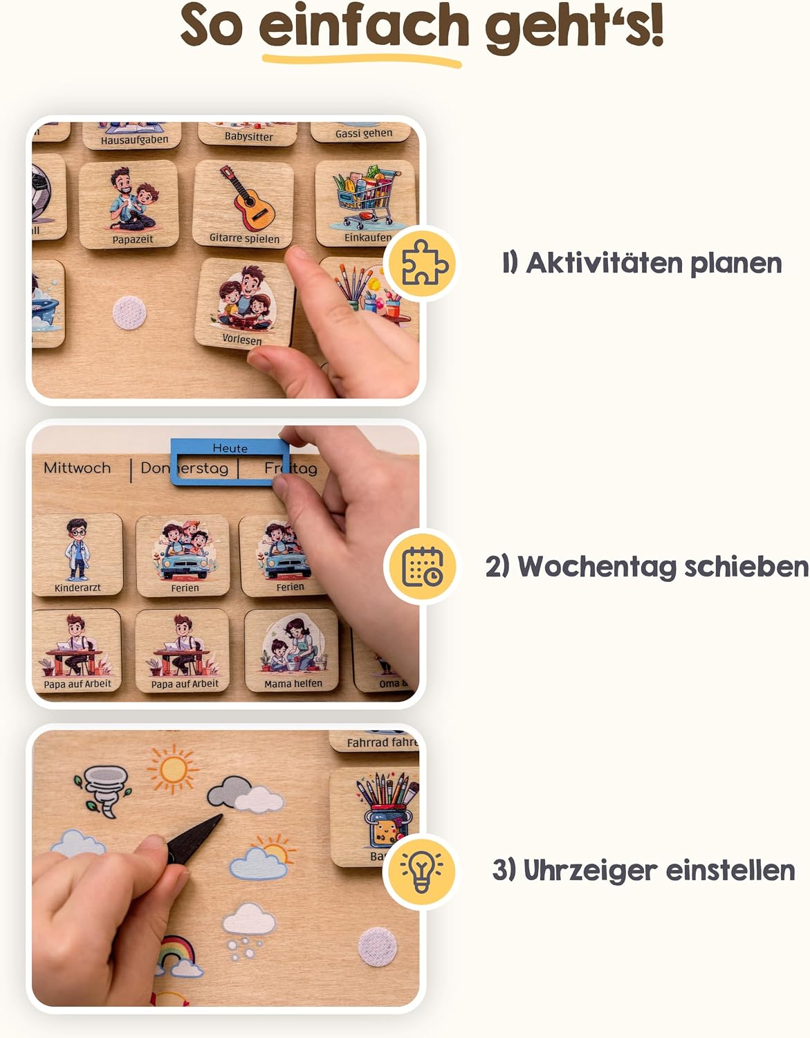 Holzpuzzle, Lernspiel, Wegweiser, Aktivitätenplan, Wochentage