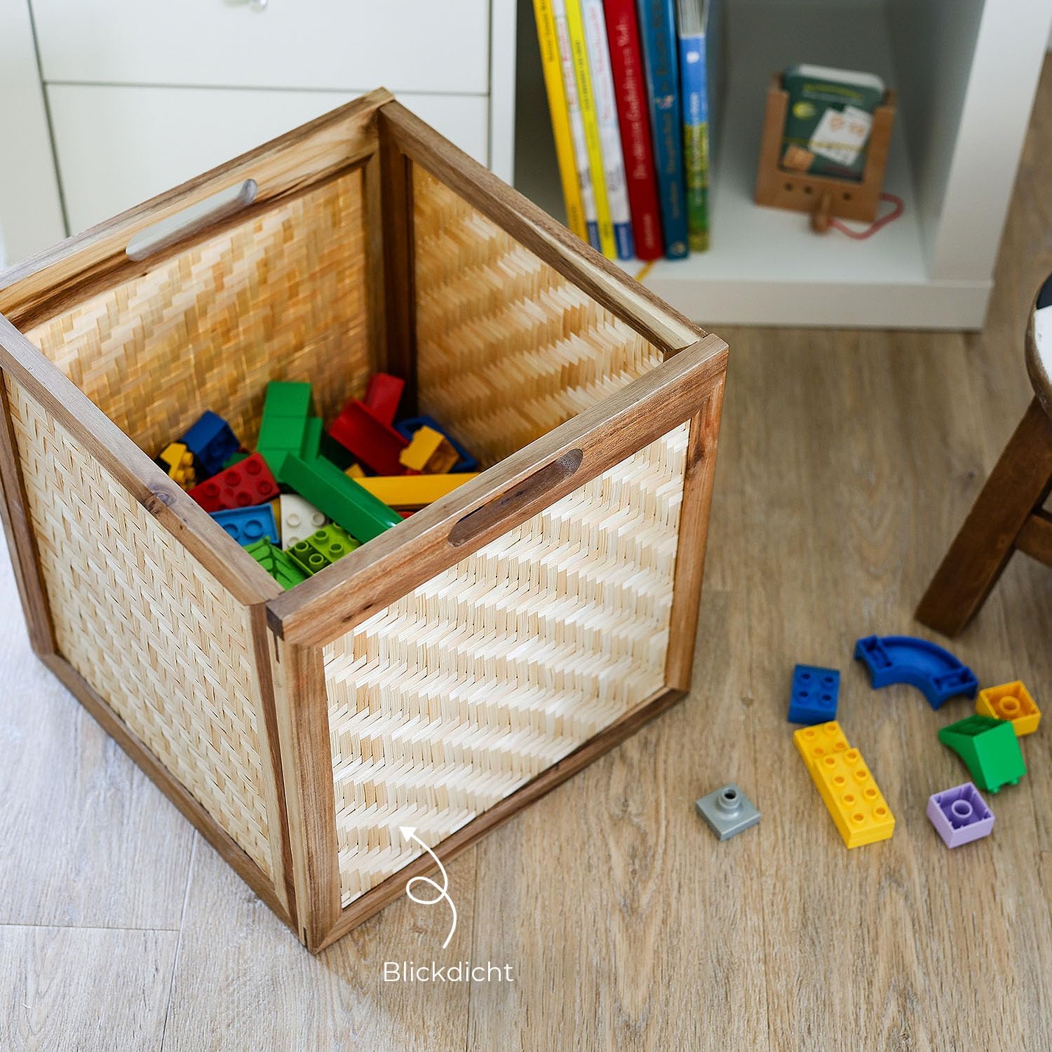HMF Aufbewahrungskorb passend für Kallax Regale Korb aus Rattan mit Wiener Geflecht und Akazienholz 32 x 34 x 32 cm