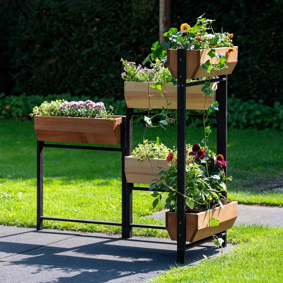 dobar Vertikalbeet Flexi mit 5 Stufen  Flexibles Hochbeet aus Kiefernholz - klappbarer Blumenkasten Kräuterbeet - 165 x 18 x 105 cm Schwarz/Braun/Natur Hellbraun
