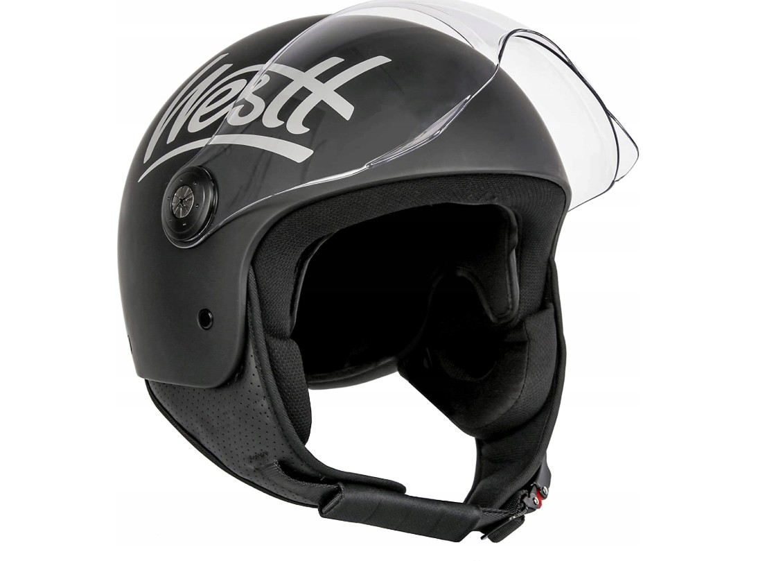Motorradhelm, Offen-Helm, Schwarz, Visier, Gepolsterter Kinnriemen