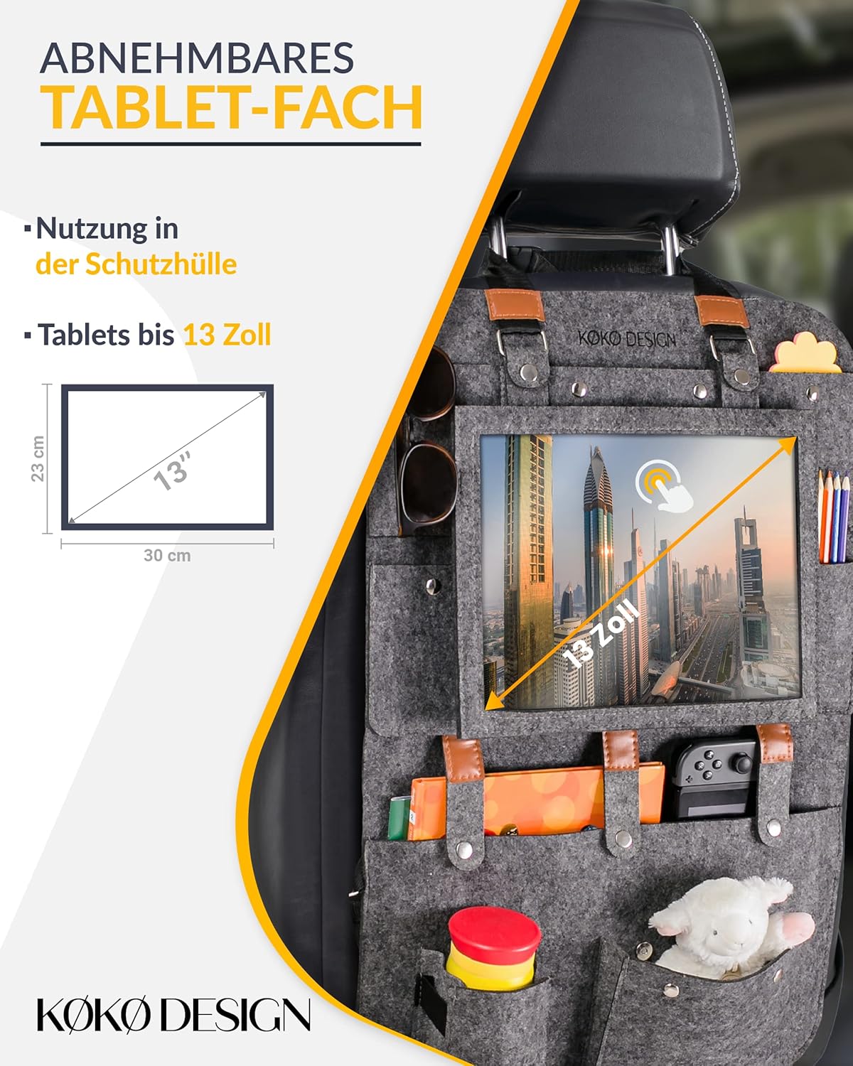 KØKØ Design Rücksitzorganizer HULDA aus Filz Rücklehnenschutz Tabletfach  Rücksitz Organizer grau