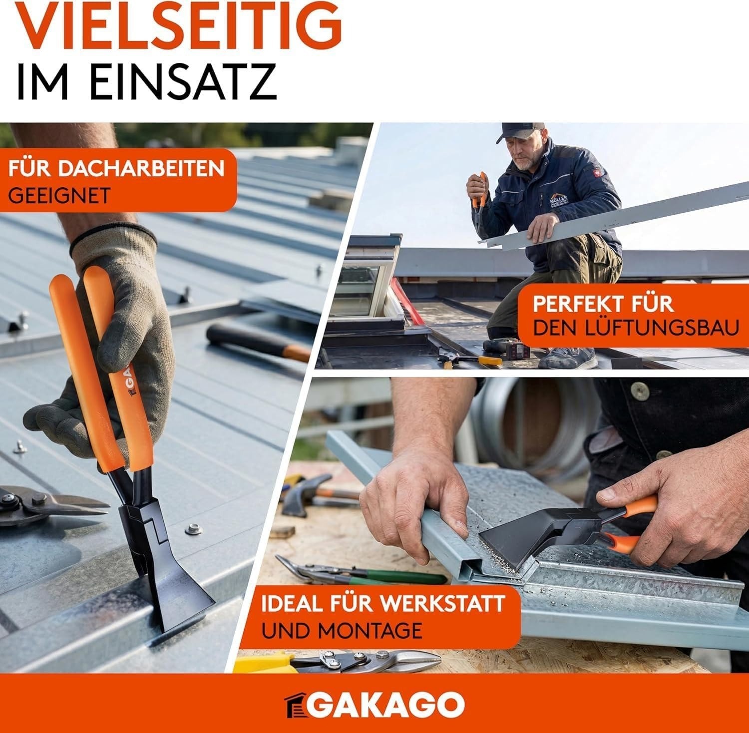 Blechfalz-Zange, Dachdeckerwerkzeug, Metallwerkzeug, Orange Griffe, Blechbearbeitung