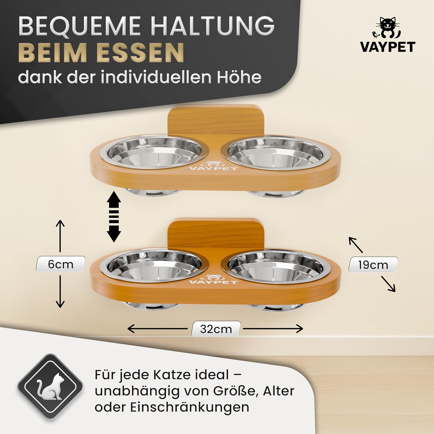 Katzentisch, Katzen-Futterstation, Futternapf Holzoptik, Doppelnapf, Holzoptik