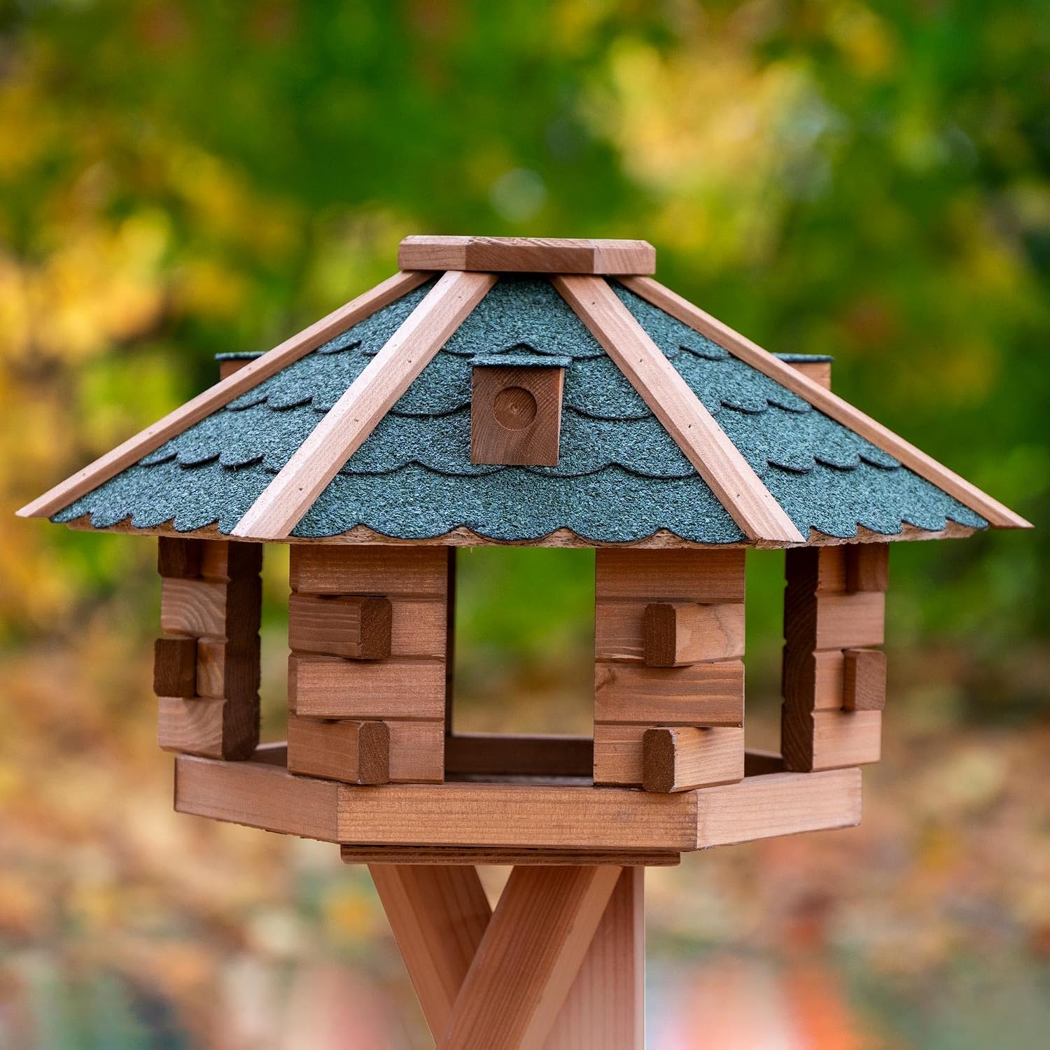 Vogelfutterhaus, Holz, Bitumendach, Sechseckig, Grau-grün