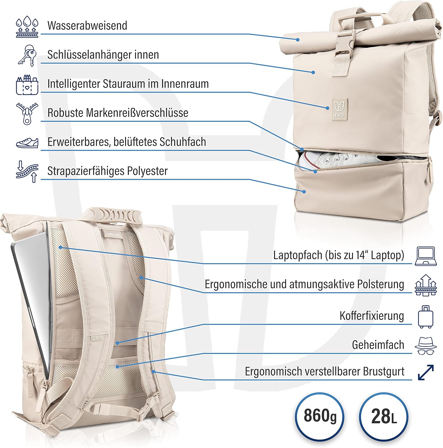 Heaver Rolltop Rucksack Damen & Herren mit Laptopfach Rollrucksack Daypack creme