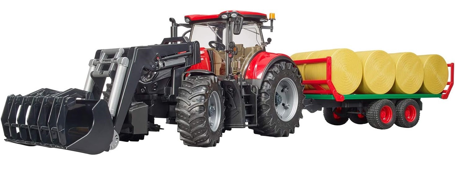 bruder 03198 Case IH Optum 300CVX Frontlader und Ballentransportanhänger Traktor Trecker Ballenanhänger Bauernhof 1:16