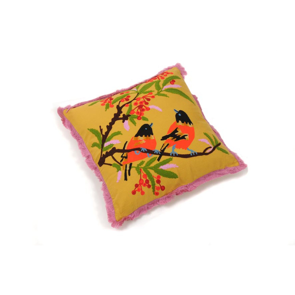 Dekokissen mit Füllung, Vögel, Ornamente und Blumen, bestickt, mit Fransen oder Bommeln, verschieden
