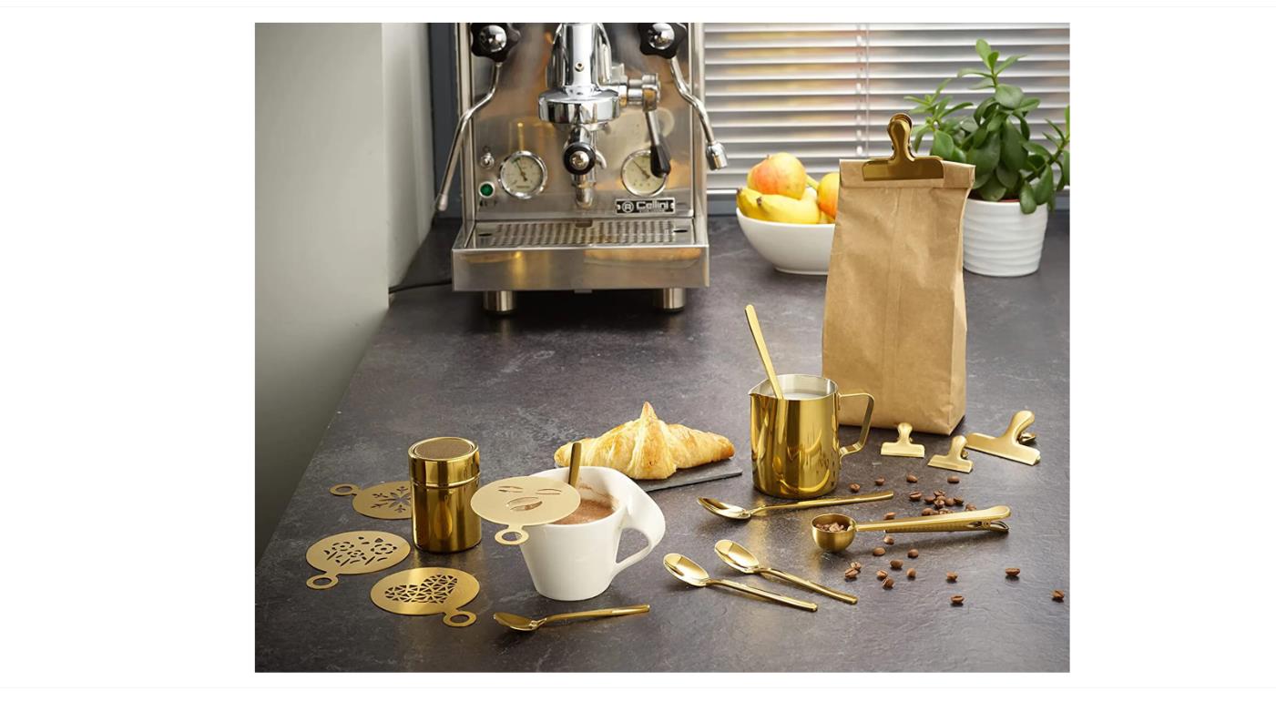 ECHTWERK Kaffeezubehör-Set 23-tlg, 600 ml 4x Espresso-, 4x Cappuccino- 4x Latte 4x Kaffeeclips 4x Kaffeeschablonen Kaffeemesslöffel Gold Barista-Art
