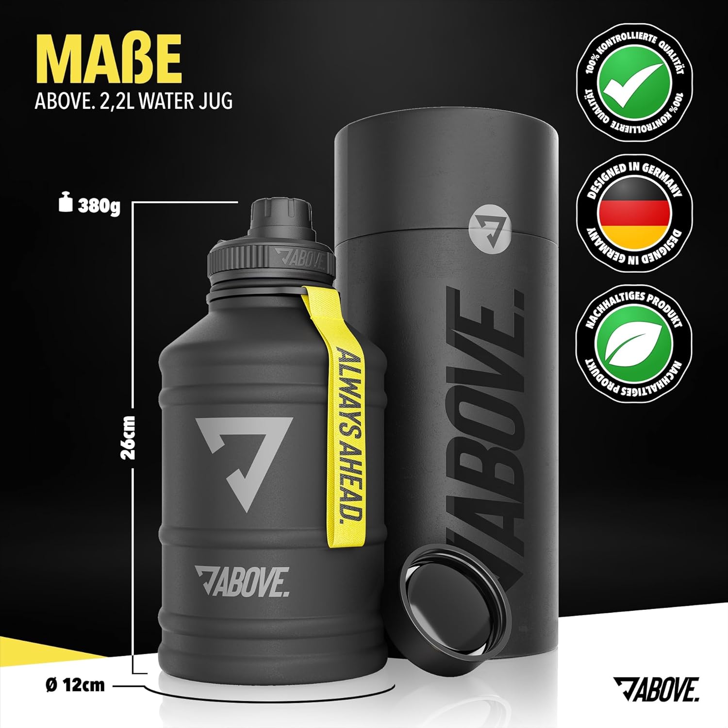 ABOVE Trinkflasche Edelstahl 2,2L schwarz Fitness Sport Outdoor