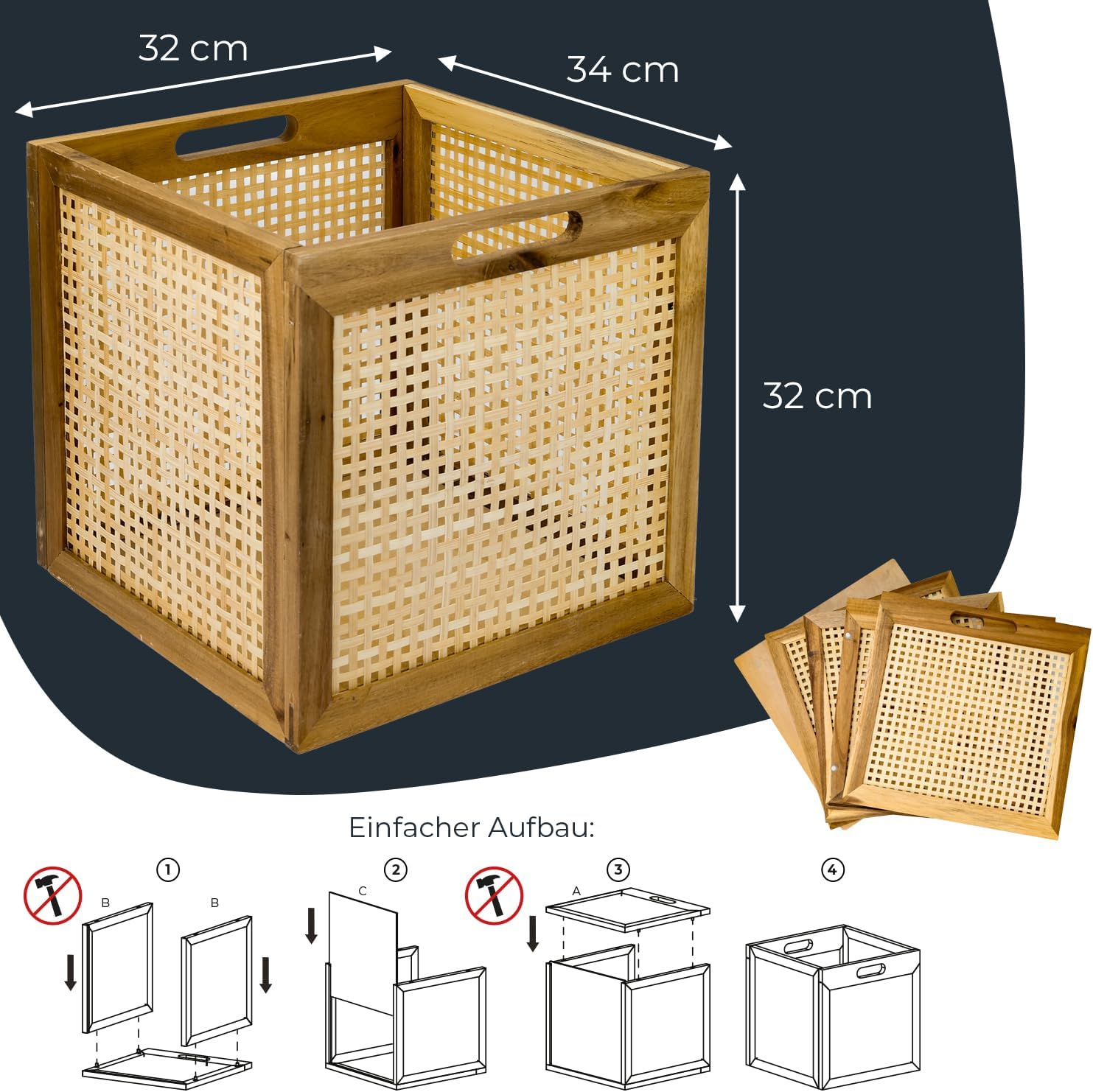 HMF Aufbewahrungskorb passend für Kallax Regale Korb aus Rattan mit Wiener Geflecht und Akazienholz Muster 3 32 x 34 x 32 cm