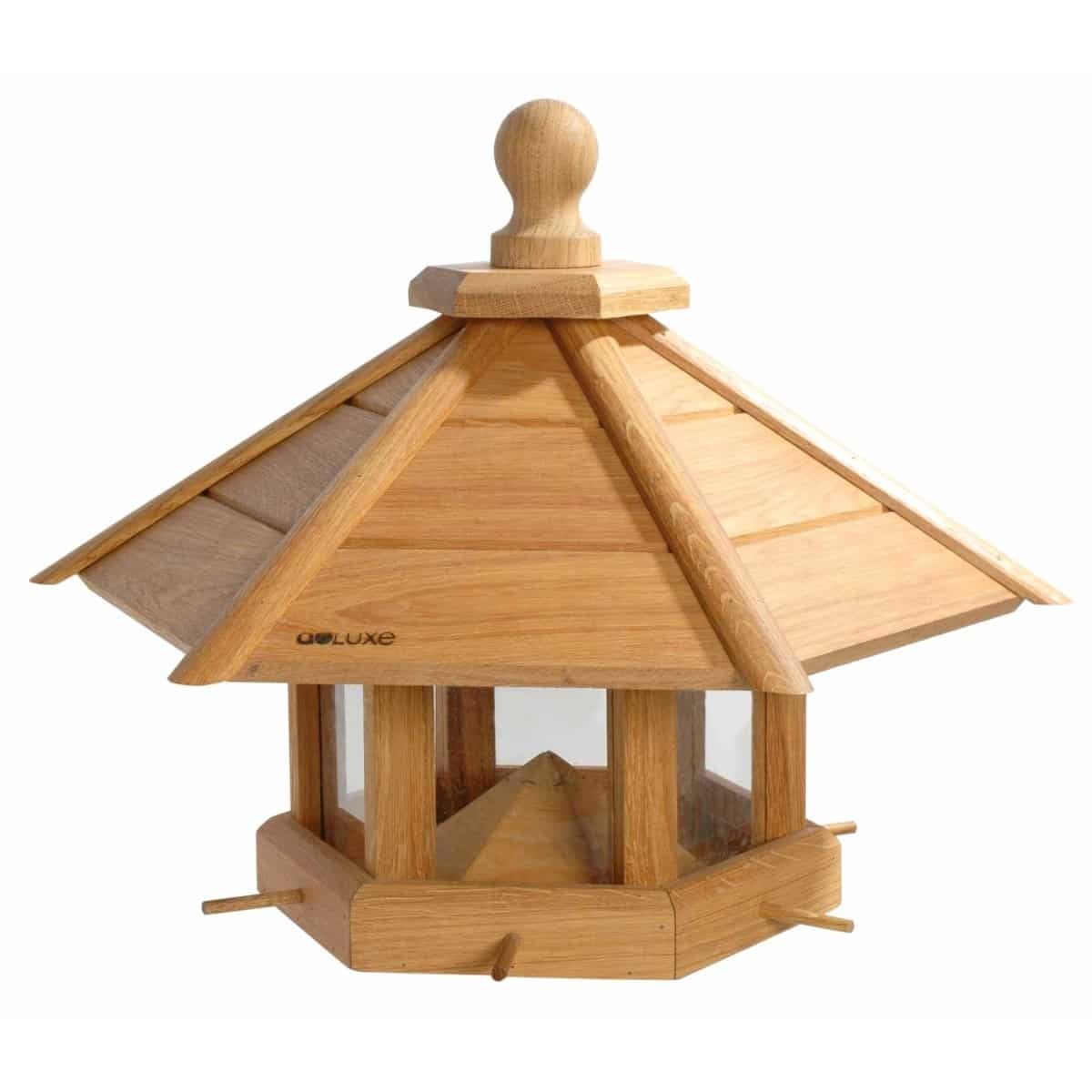 Dobar Luxus-Vogelhaus Großes XXL Vogelhaus "Anflug" aus Holz (Eiche) für Garten, Balkon, geöltes Eichenholz mit Futter-Silo / 6 Anflugstangen - XL Vogelhäuschen Vogelfutterhaus