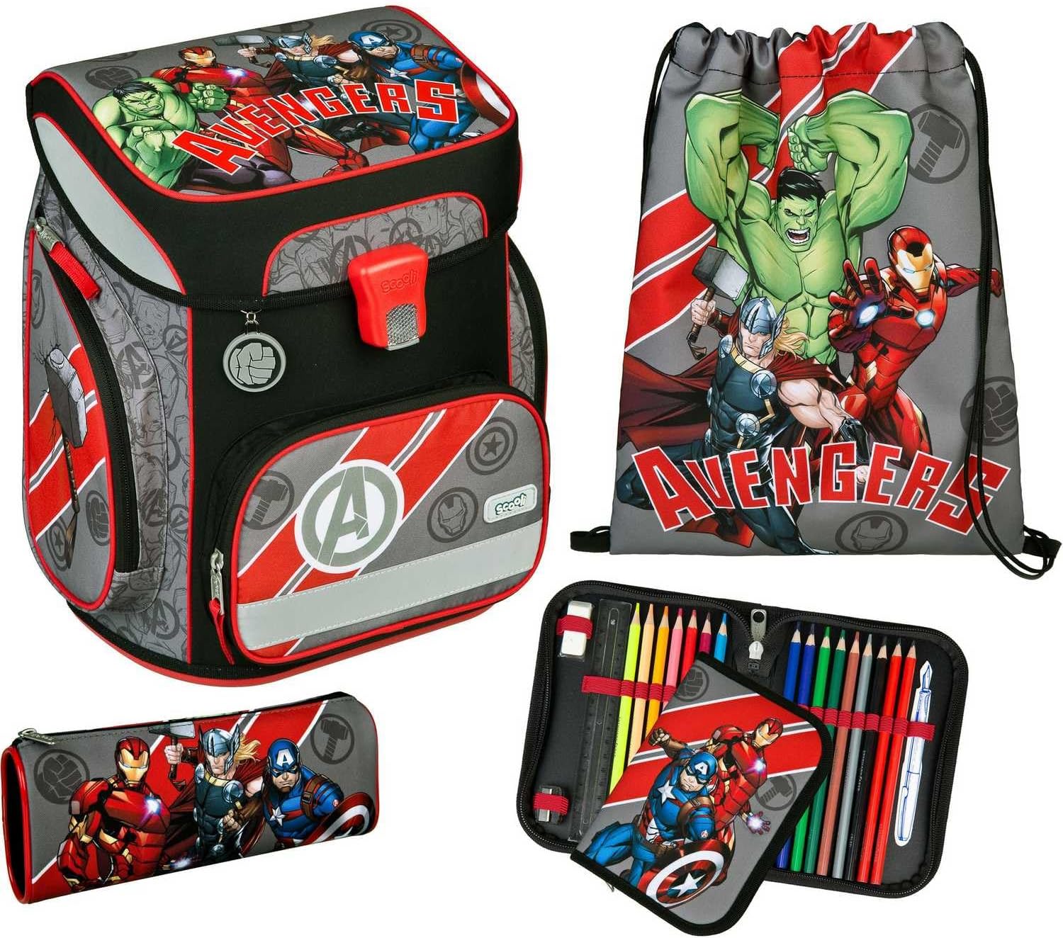 SCOOLI Schulranzenset EasyFit Marvel Avengers Schulrucksack Schultasche