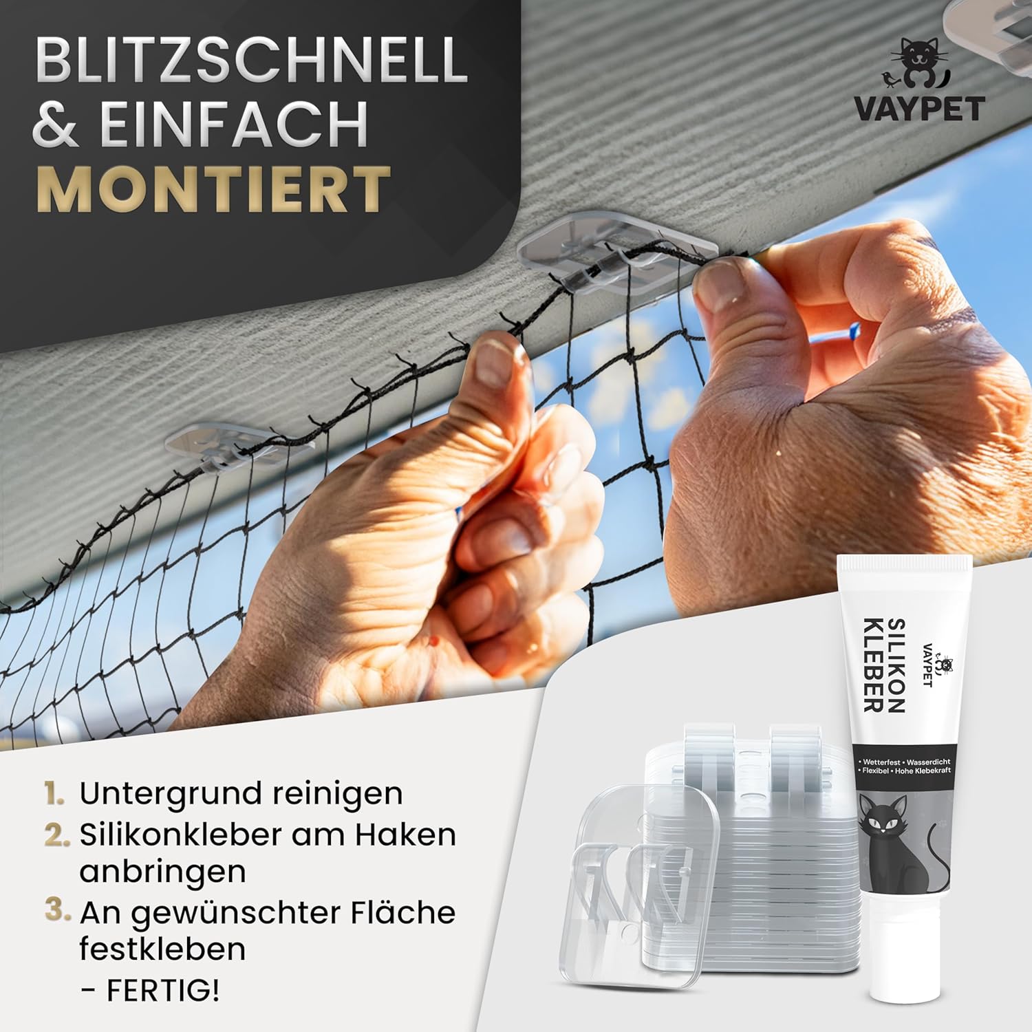 VAYPET 50 Klebehaken transparent & 1x Silikonkleber zur Befestigung Lichterketten Ketzennetz usw.
