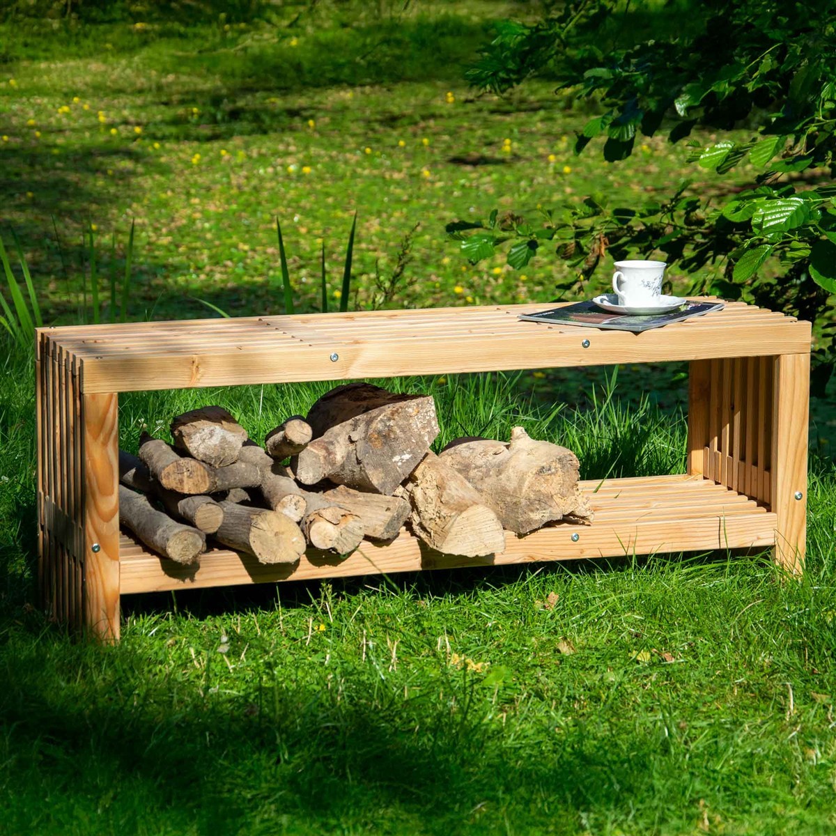 Holzbank, Feuerholzregal, Holzstapel, Gartenbank-System, Holzauflage