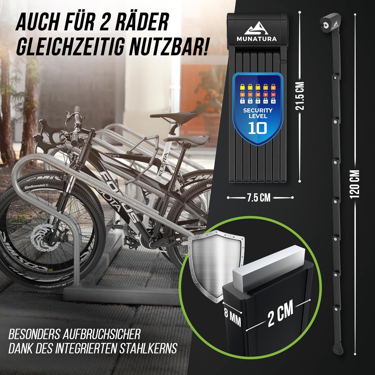 MUNATURA Faltschloss Fahrrad Diebstahlsicher Fahrradschloss 120cm Stufe 10