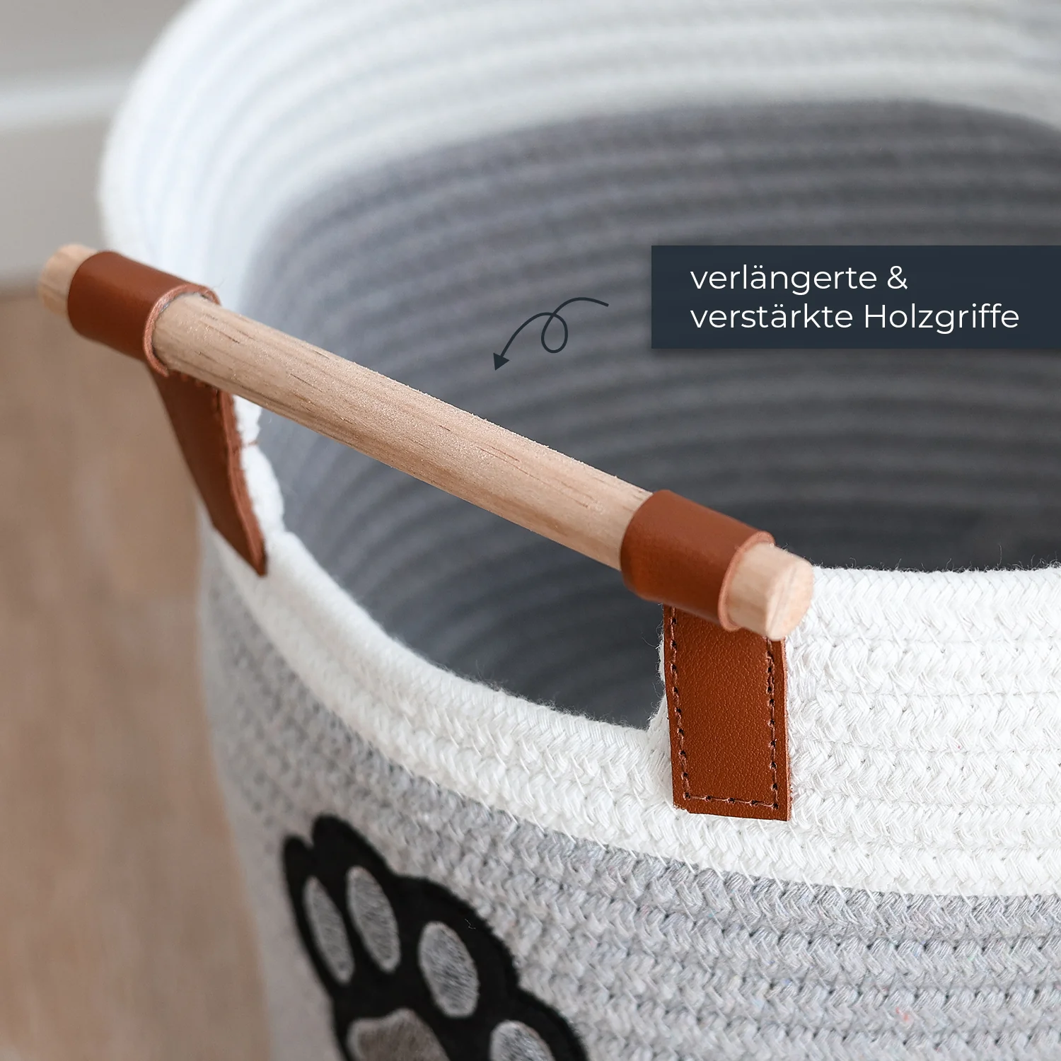 Aufbewahrungskorb, geflochtene Baumwolle, Holzgriff, grau-weiß, Lederlaschen