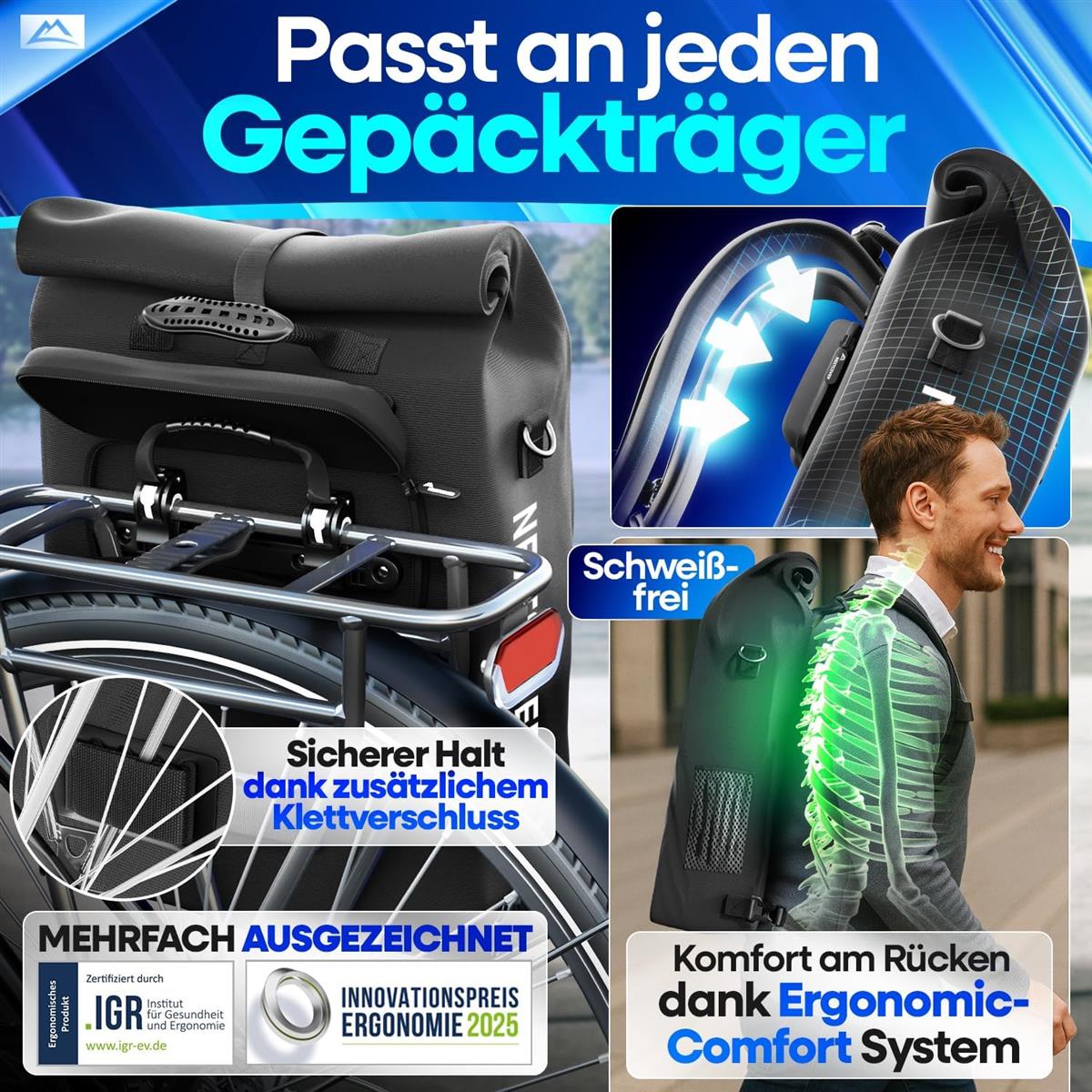 Nextcover 3in1 Fahrradtasche für Gepäckträger PVC frei Gepäckträgertasche, Fahrradtasche Rucksack und Umhängetasche 25L I Fahrrad Tasche wasserdicht Fahrradtaschen Gepäckträger aus Stoff