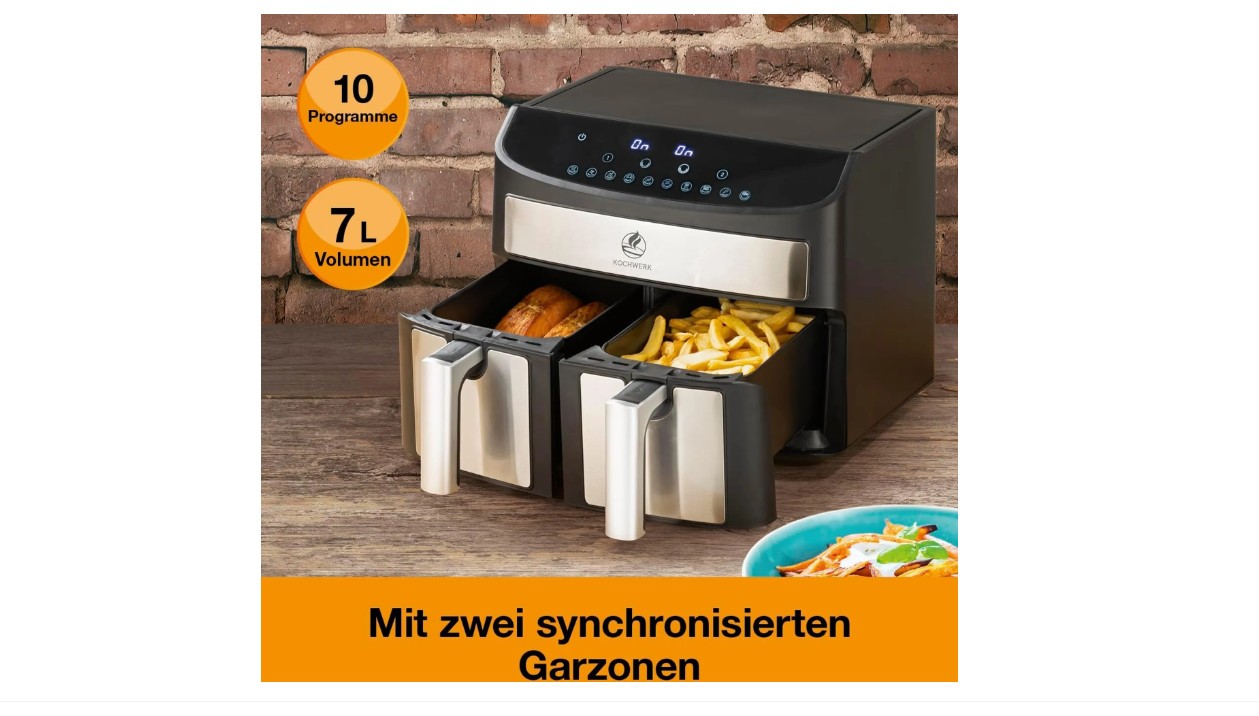 Kochwerk Heißluftfritteuse 2400W Touchdisplay 10 Programme Doppelkammer Edelstahl schwarz