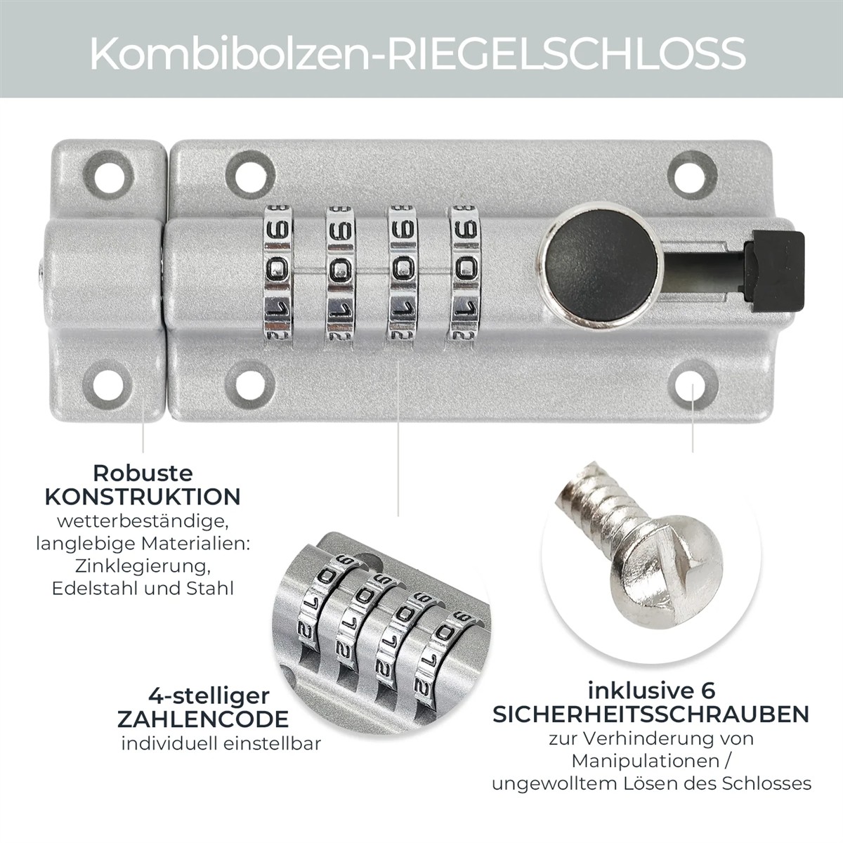Kombi-Schloss, Zahlenschloss, Riegelverschluss, Sicherheitsverschluss, Edelstahl