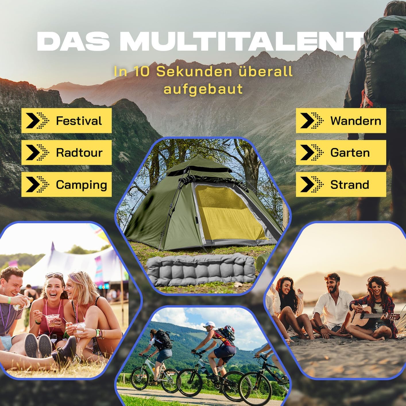 Lumaland Outdoor Pop Up Kuppelzelt Wurfzelt 2 bis 3 Personen