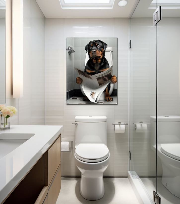 Wandbild Rottweiler auf Toilette 30x40cm HDF