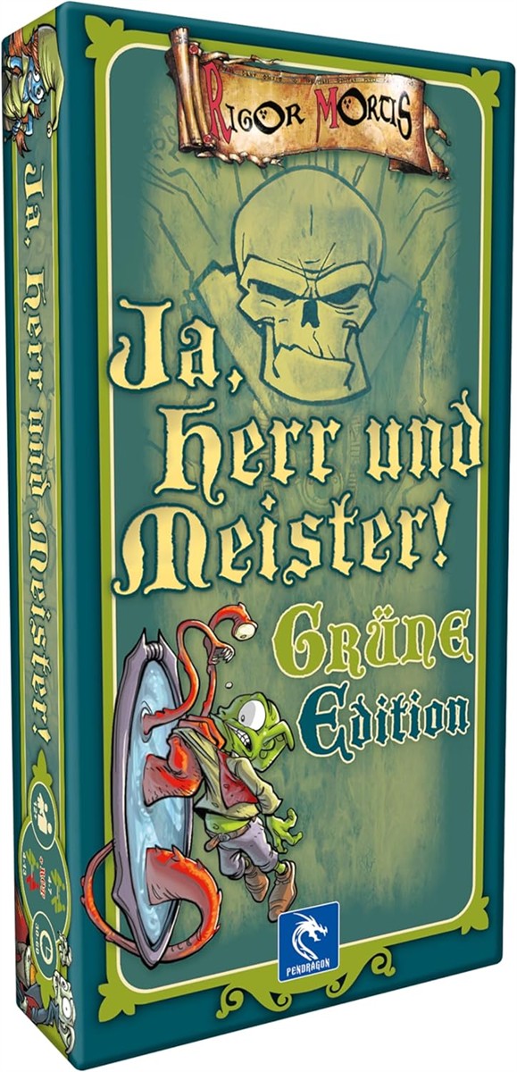 Brettspiel, Grüne Edition, Kartonbox, Schädelmotiv, Cartoonfigur