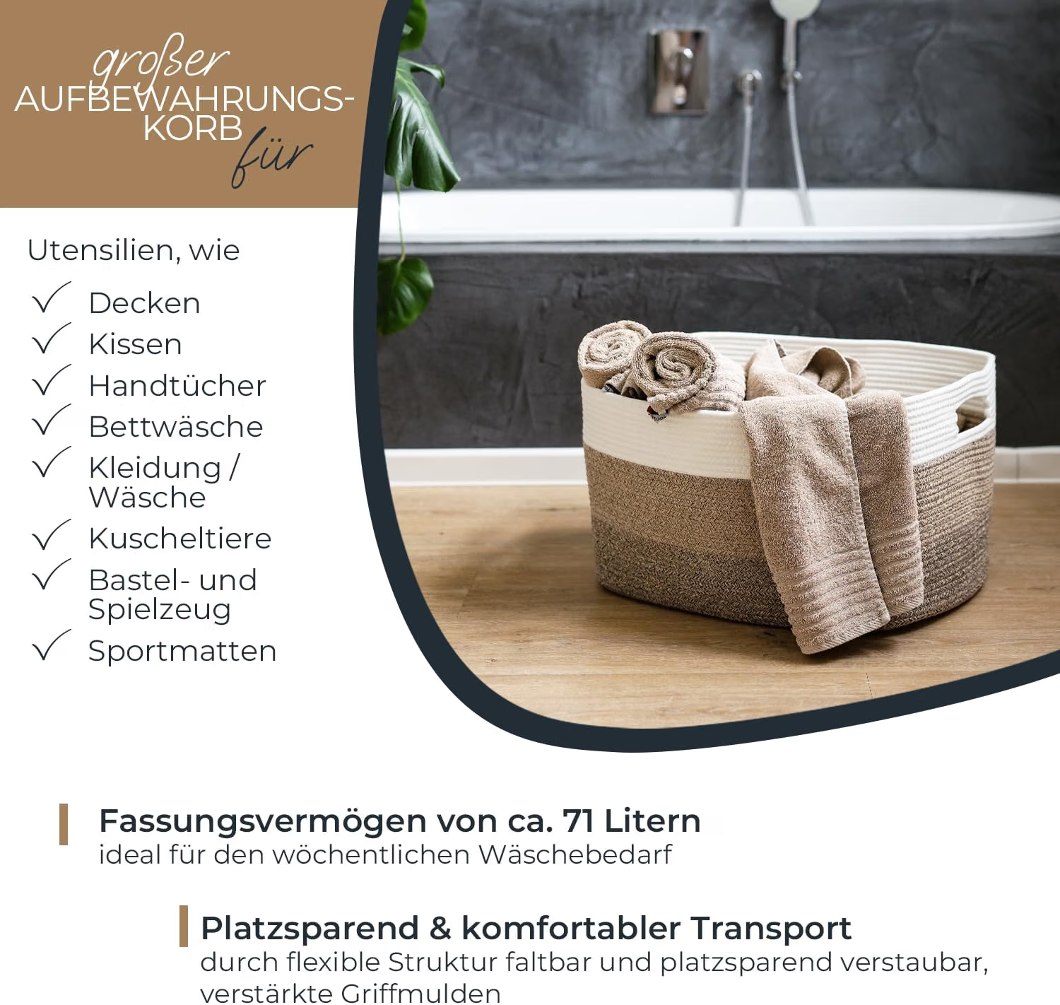 HMF XXL Wäschekorb aus Baumwoll rechteckiger Aufbewahrungskorb mit Griffen 55 x 43 x 30 cm Weiß-Braun