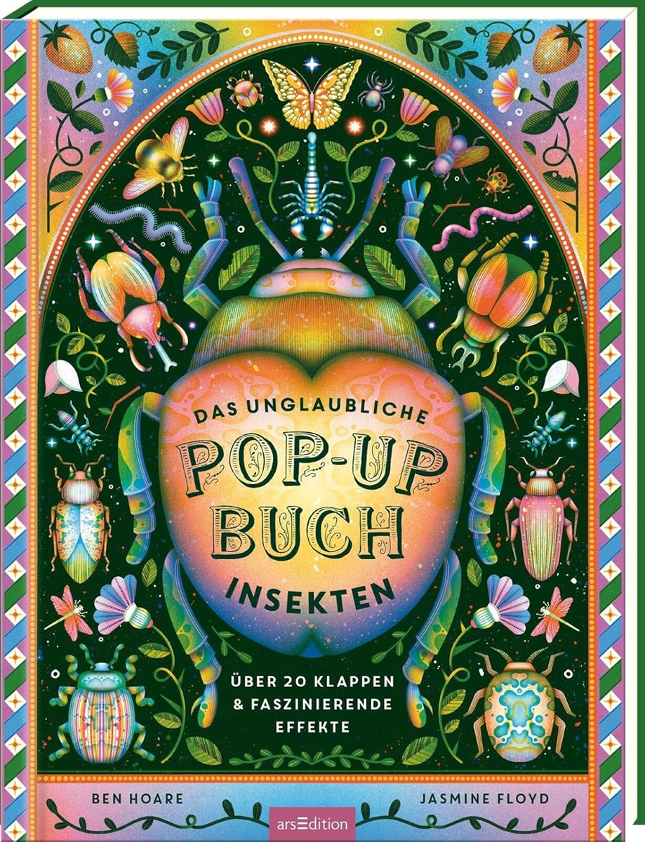 Pop-up Buch, Insekten, Buchtitel, Illustration, farbenfroher Rand