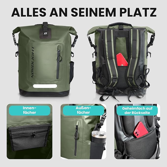 Nordlight Wasserdichter Rucksack Dry Bag 25l - Roll Top Rucksack Kurierrucksack olive