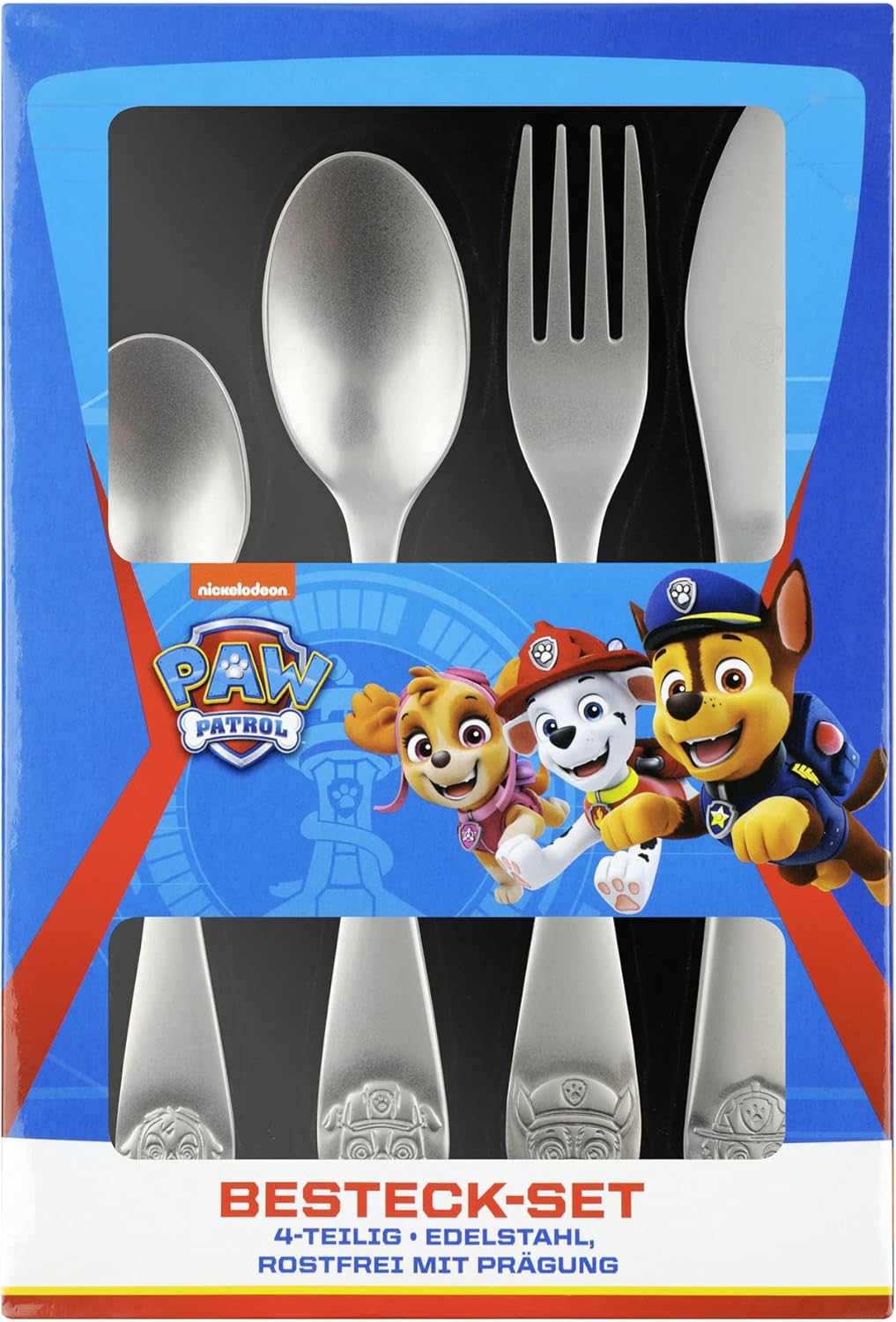 Besteck-Set mit Paw Patrol Prägung 4-teiliges Kinder-Besteck aus rostfreiem Edelstahl, Ess-Besteck mit Messer Gabel Suppen-Löffel und Dessert-Löffel spülmaschinengeeignet